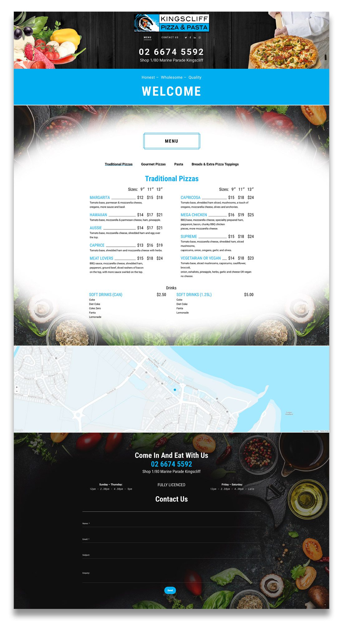 Kingscliff Pizza & Pasta Website deigned & built by GNT Graphic Services